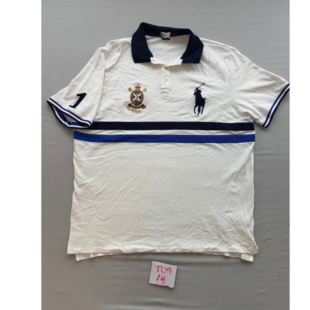 Polo Ralph Lauren Mens XL Classic Fit Big Pony Crest Stripe Polo Shirt White